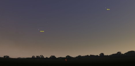 Stellarium's depiction of the twilight sky looking due south in July from mid-northern latitudes. Antares is the bright star to the left (east) and Spica the other one. Click for a much larger image.  